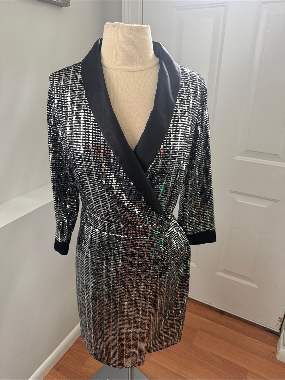INC Sequin Wrap Dress with Black Satin Trim - Silver & Black (74)